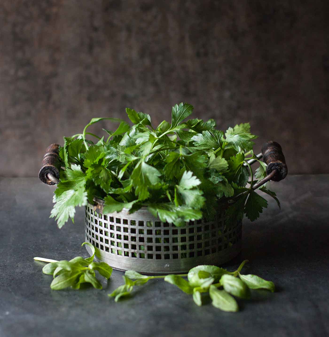 Fresh, leafy cilantro in a metal container against a dark background
