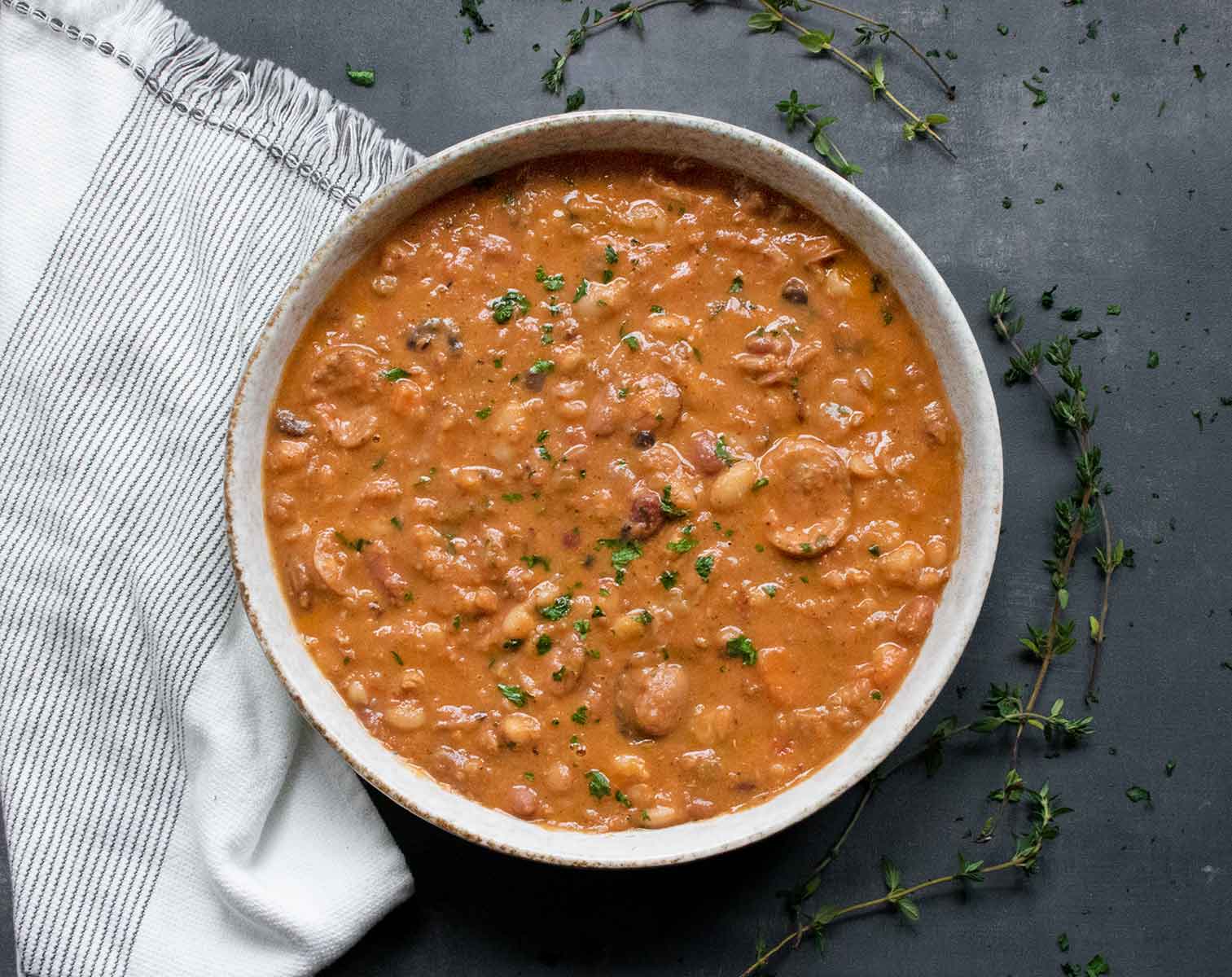 Overhead view of a bowl of 15 Bean Soup.
