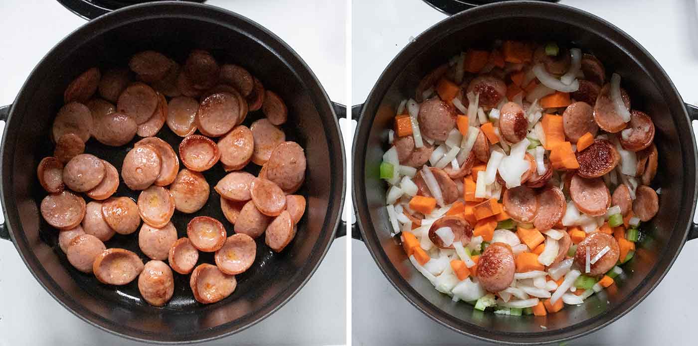 Photo duo showing kielbasa and aromatic vegetables browning in the soup pot.