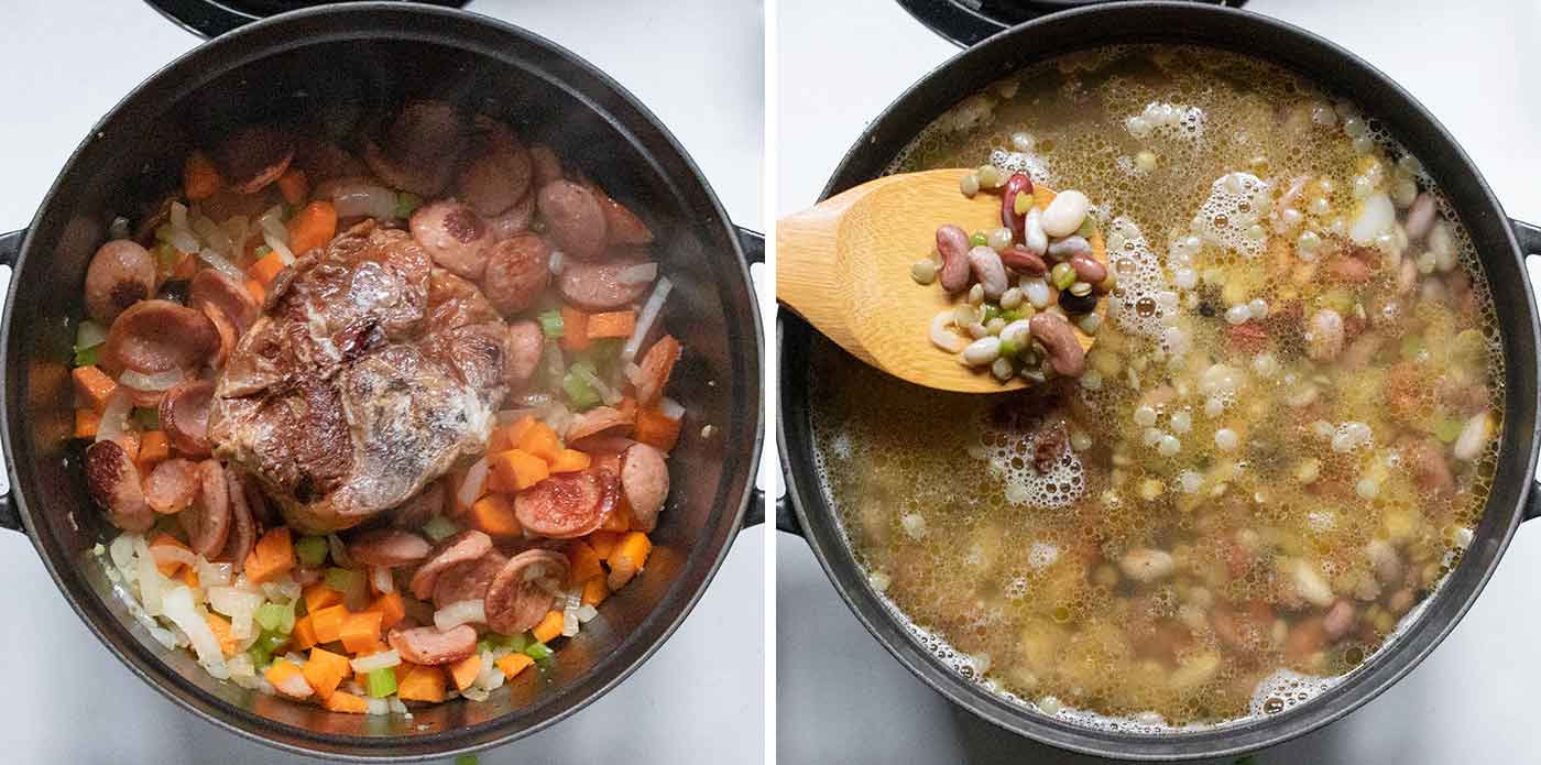 Photo duo showing adding the ham hock to the pot, along with the beans and water.