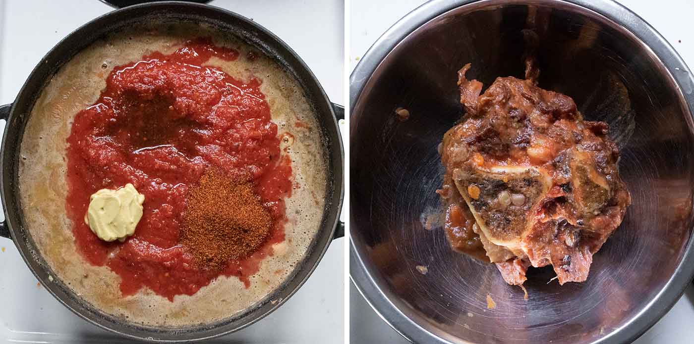 A photo duo showing adding the umami ingredients to the soup, and the ham hock set aside, cooling.
