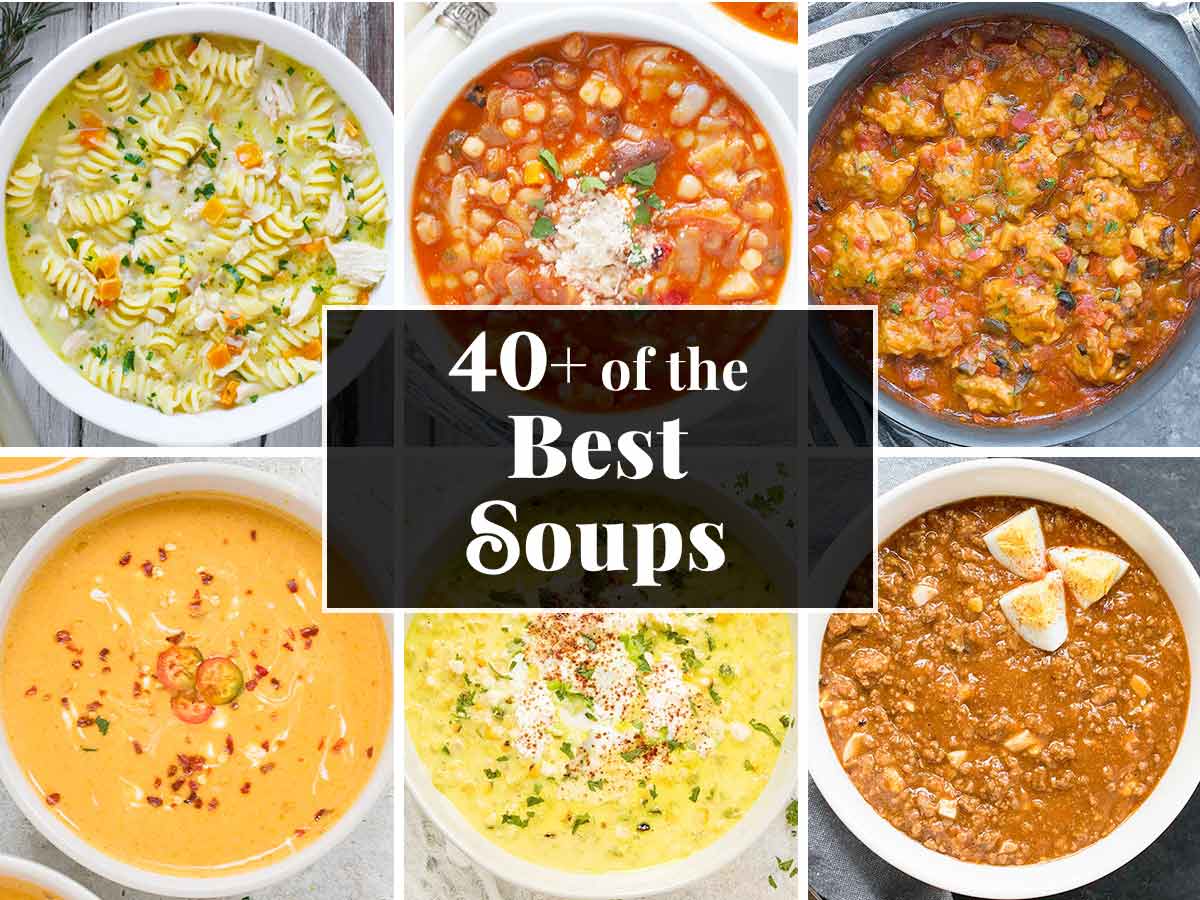 A collage of six soup photos.
