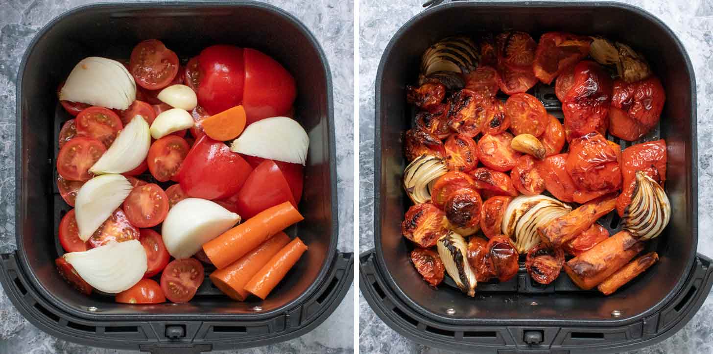 Collage of two photos, one of the vegetables in the air fryer basket before cooking, and then after cooking.