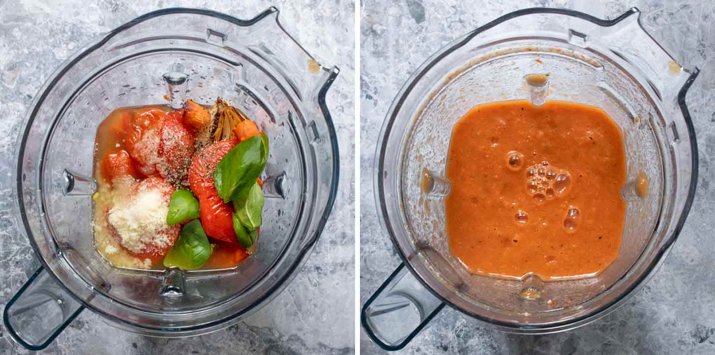 Two photos for blending the soup, one before and one after.
