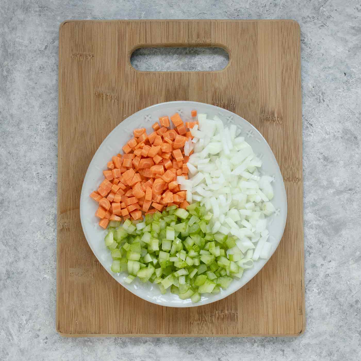 Chopped mirepoix vegetables on a plate.