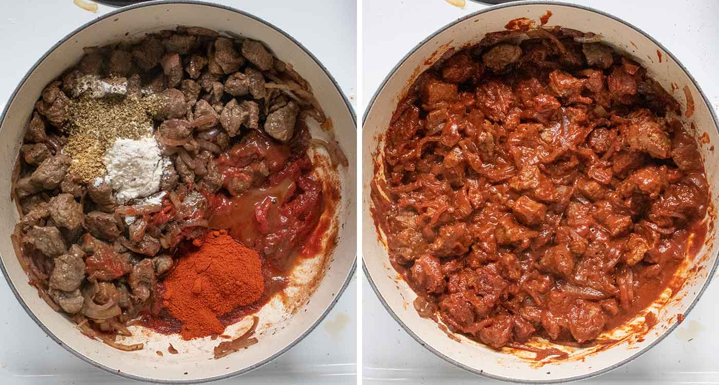 Photo duo showing the seasonings in the pot, and the resulting saucy stew.
