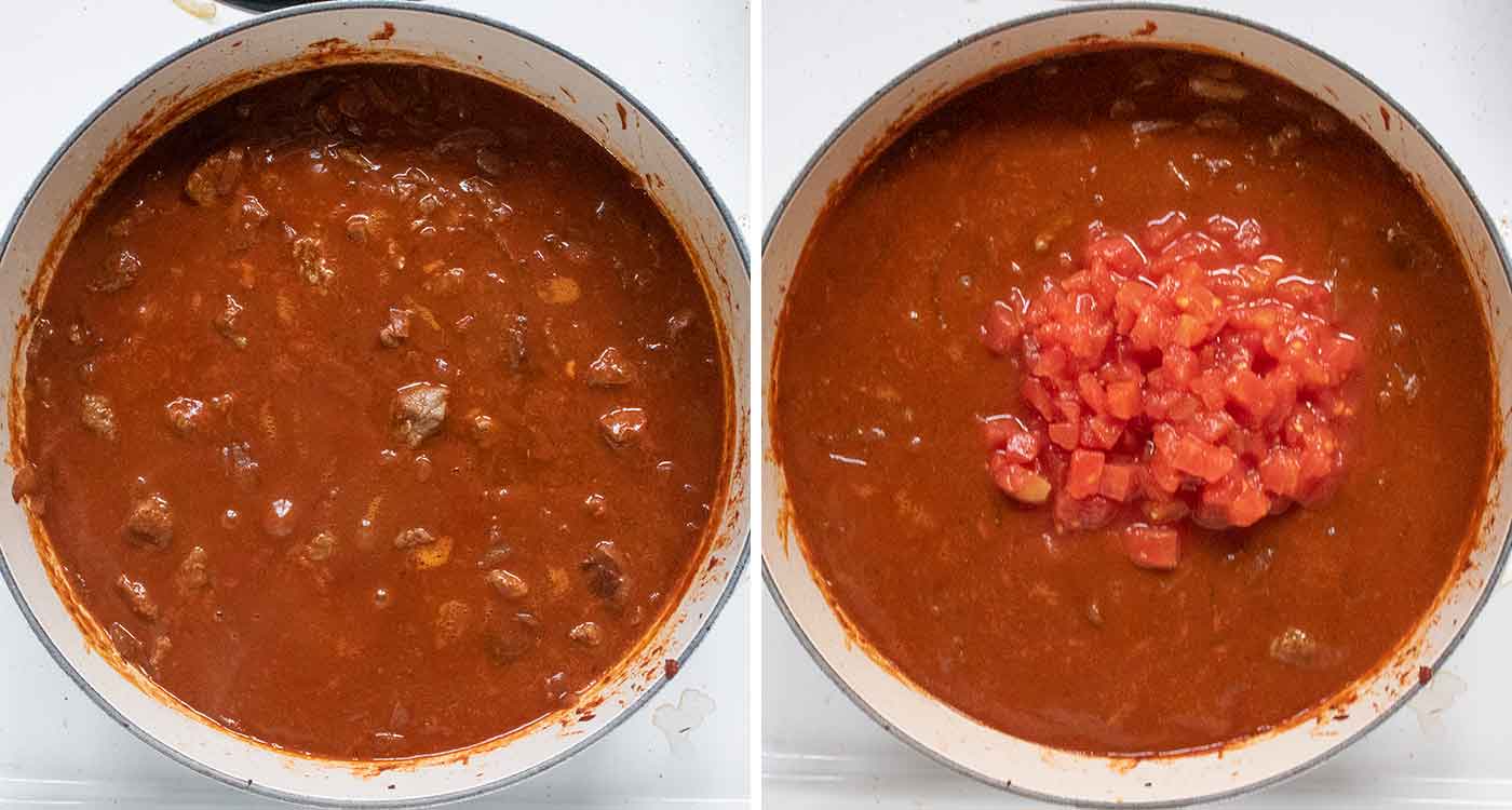 Photo duo showing the stew with its saucy base, and adding the tomatoes.