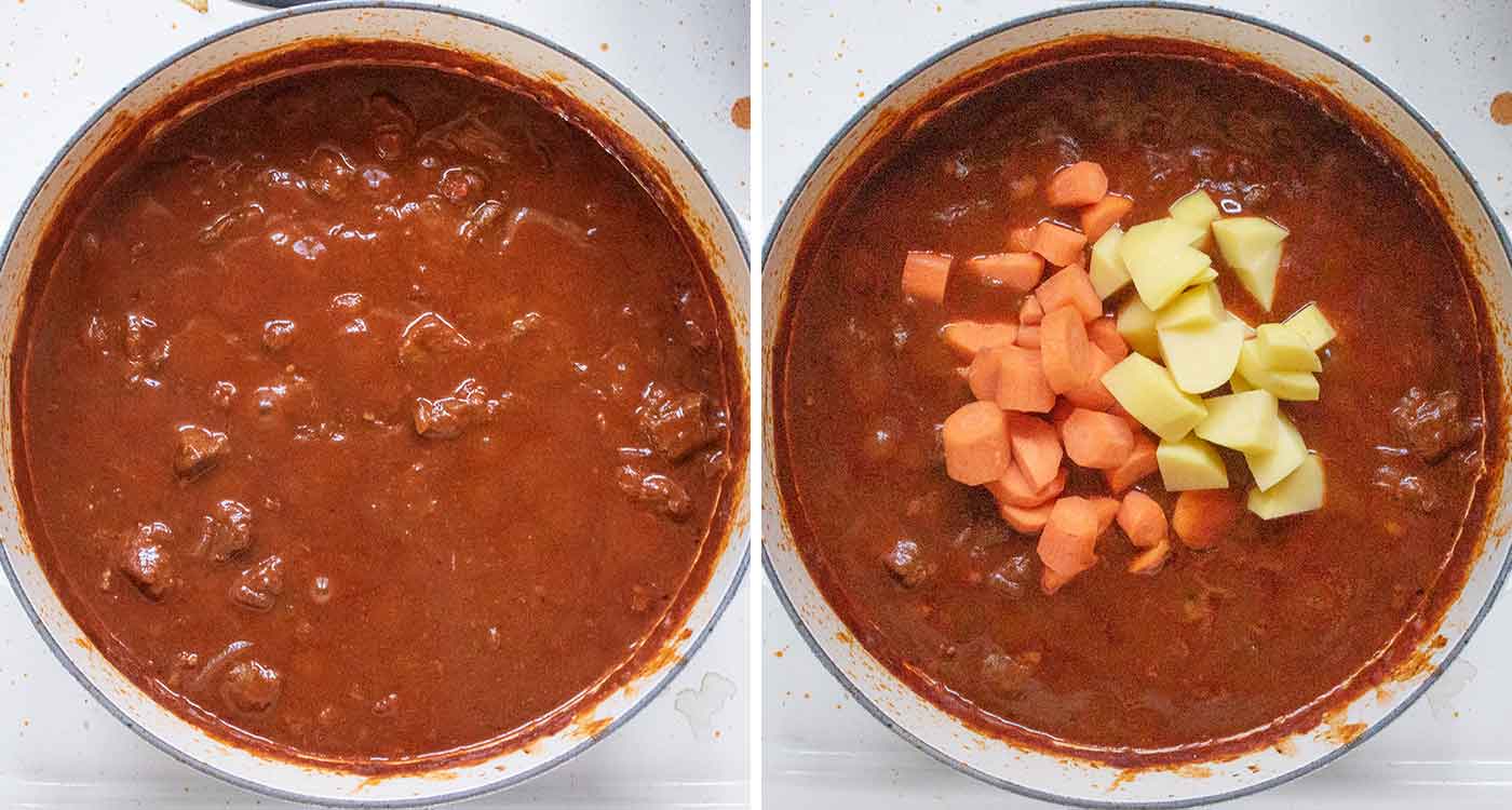 Photo duo showing the thickened stew, and adding the carrots and potatoes.