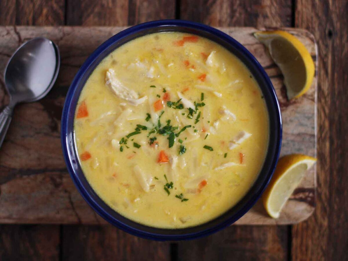 Overhead view of a bowl of Avgolemono Turkey Soup.