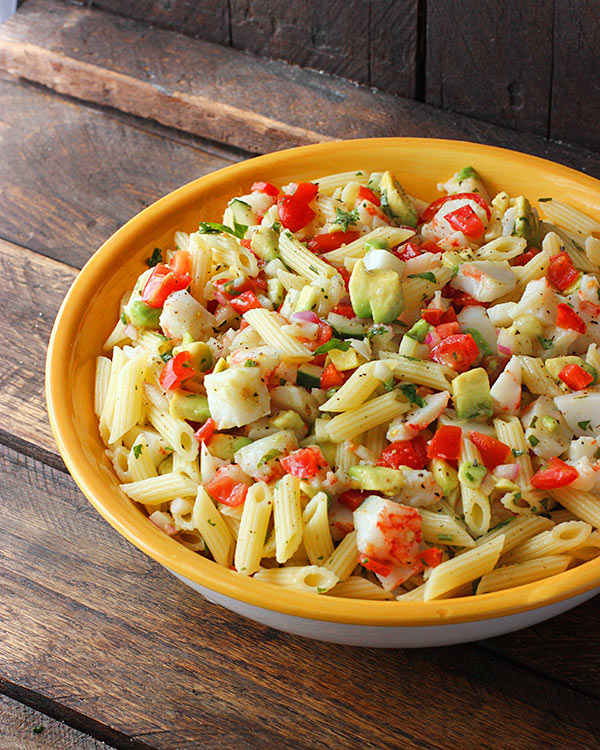 Avocado and Crab Pasta Salad with Grapefruit Tarragon Vinaigrette from SoupAddict.com