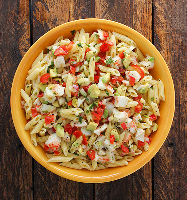 Avocado and Crab Pasta Salad with Grapefruit Tarragon Vinaigrette from SoupAddict.com