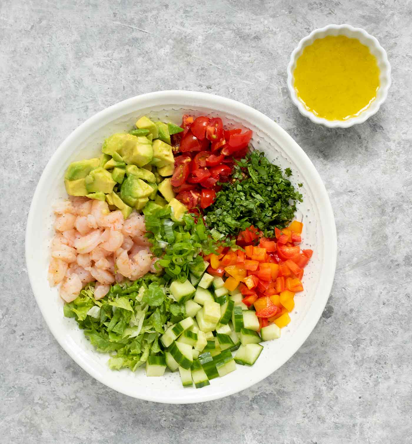 Ingredients for Avocado Shrimp Salsa Salad.