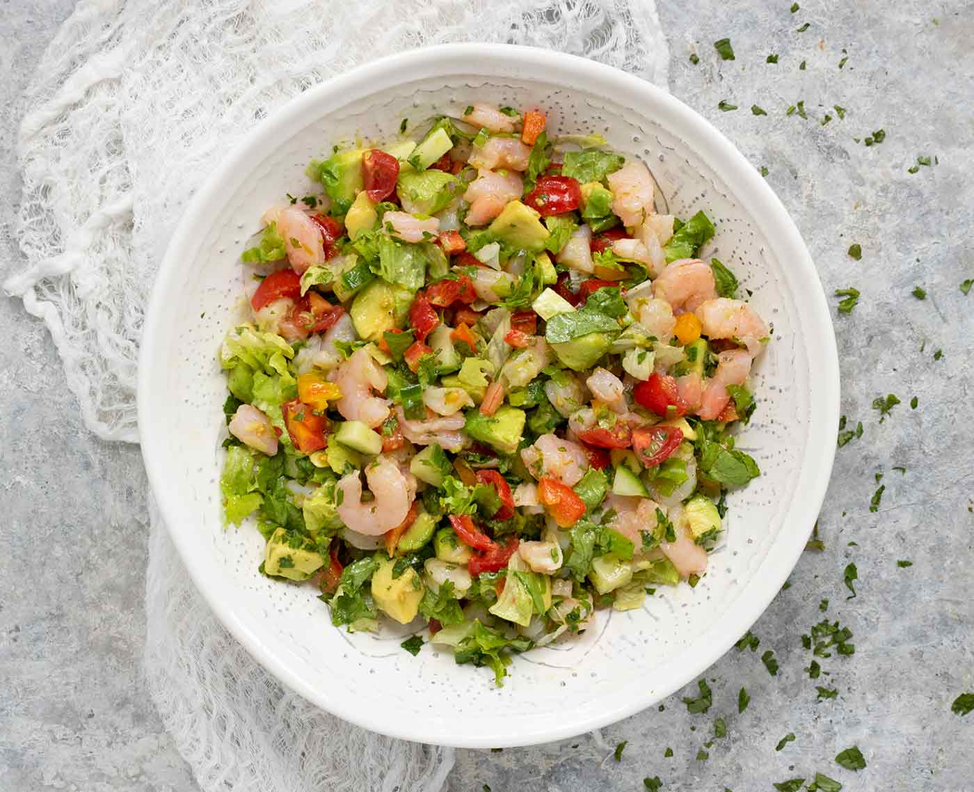 Avocado Shrimp Salsa Salad in a white serving bowl.