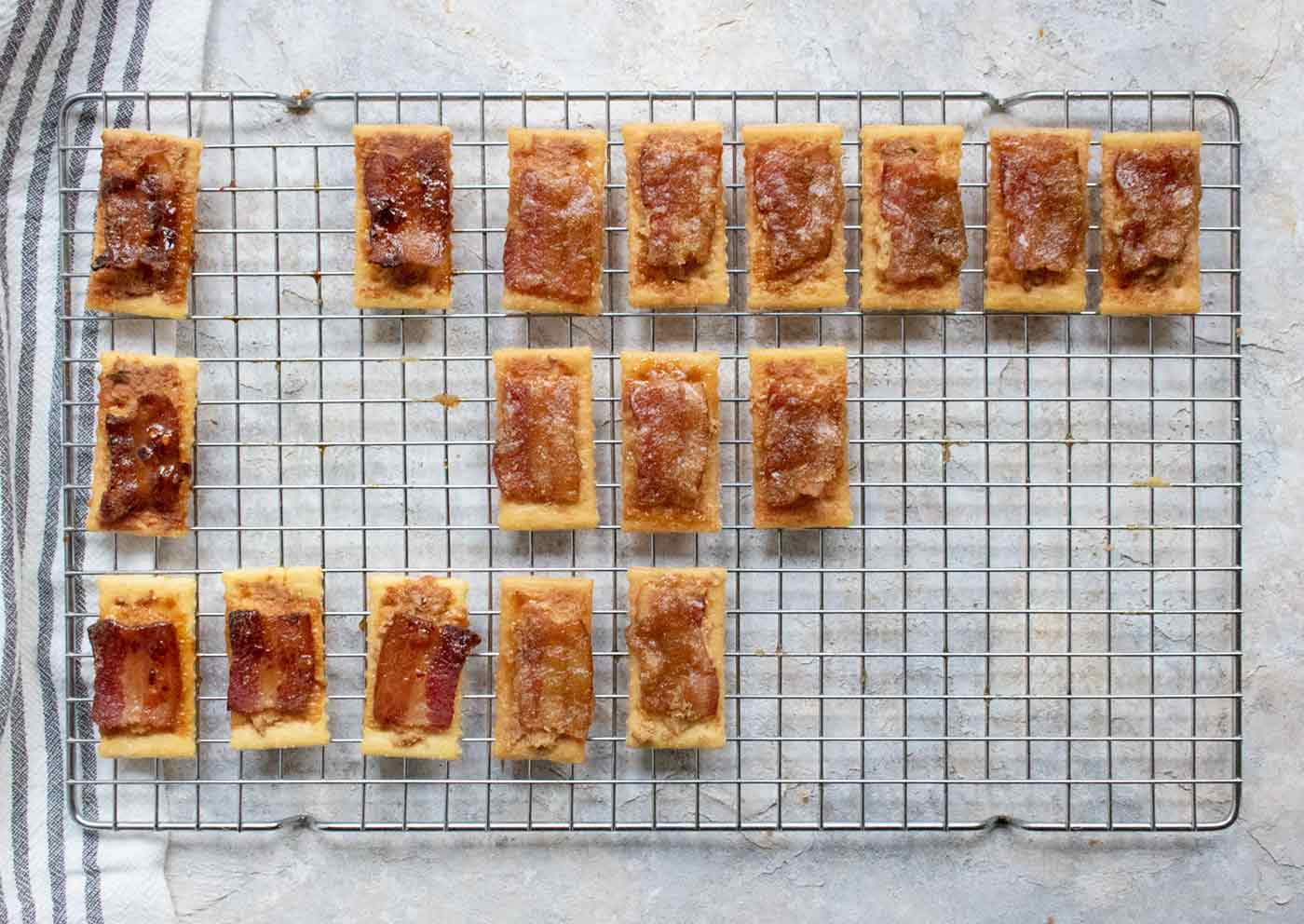 Bacon Crackers on a wire rack.