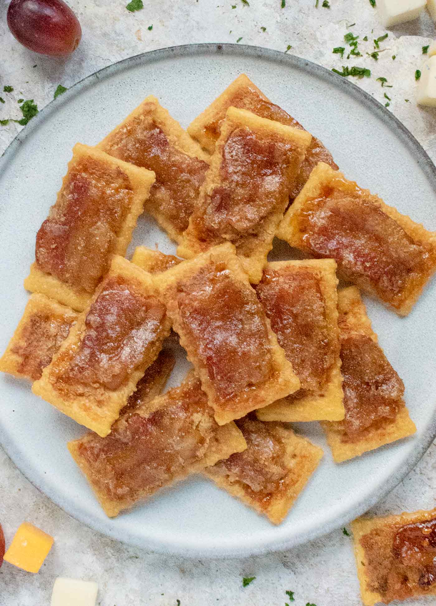 Overhead view of a plate loaded up with Bacon Crackers.
