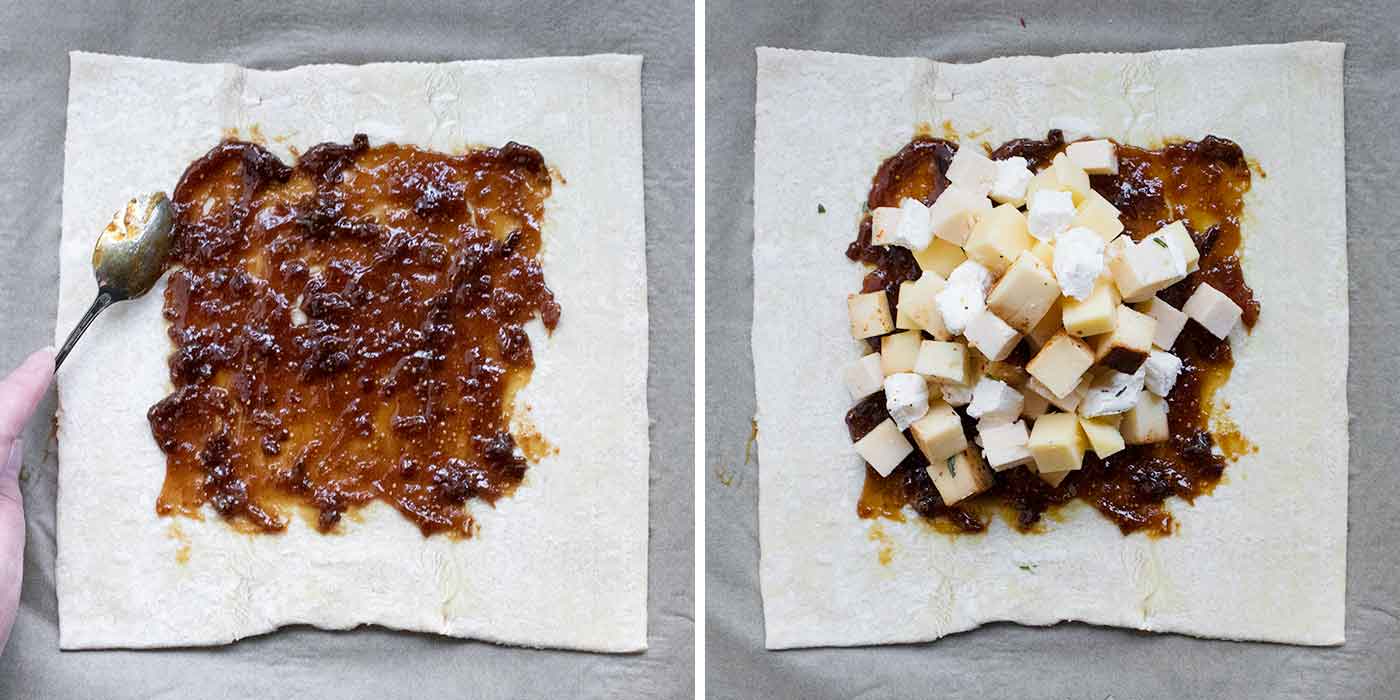 A photo duo showing spreading the fig jam on the pastry and stacking the cheese cubes.