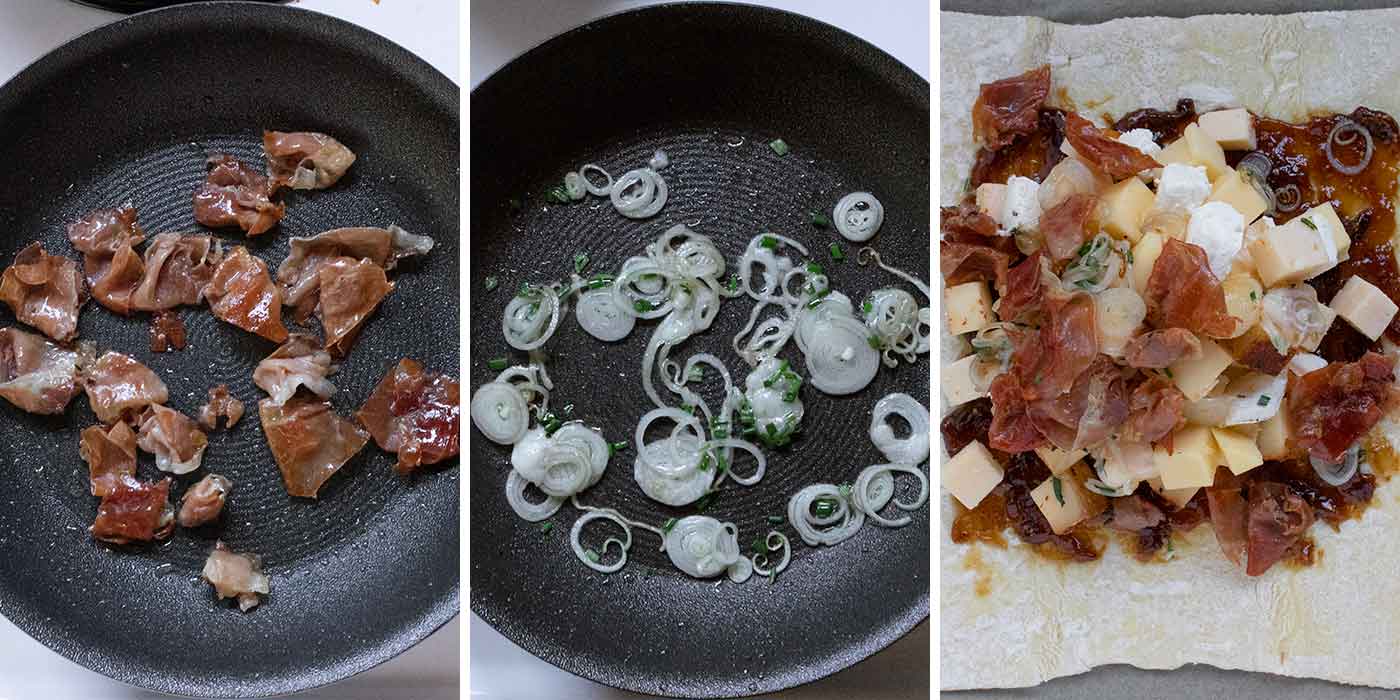 A photo trio showing cooking the prosciutto and shallots, and adding them to the cheese stack.