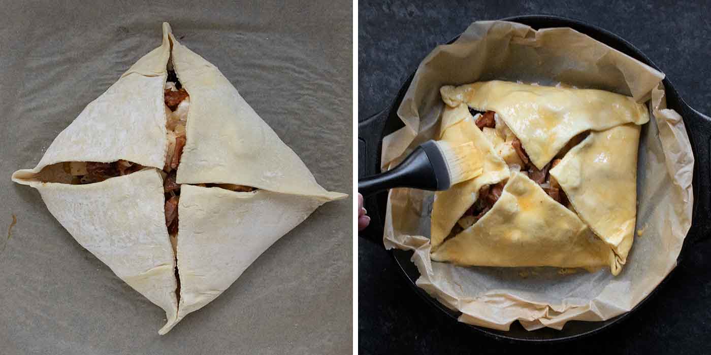 Photo duo showing prepping the puff pastry for baking, including an egg wash.