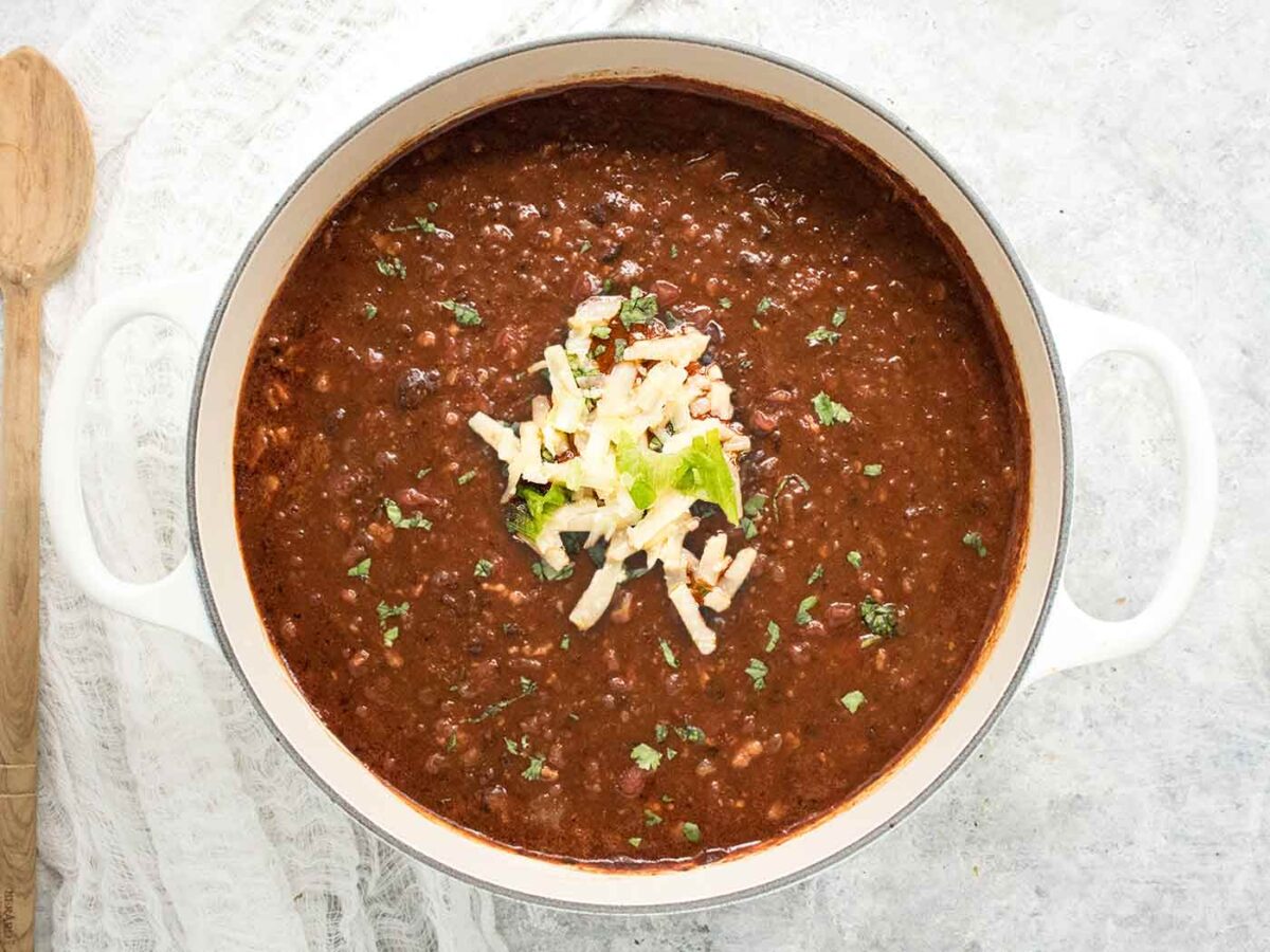 BBQ Black Bean Soup in a large white Dutch oven.