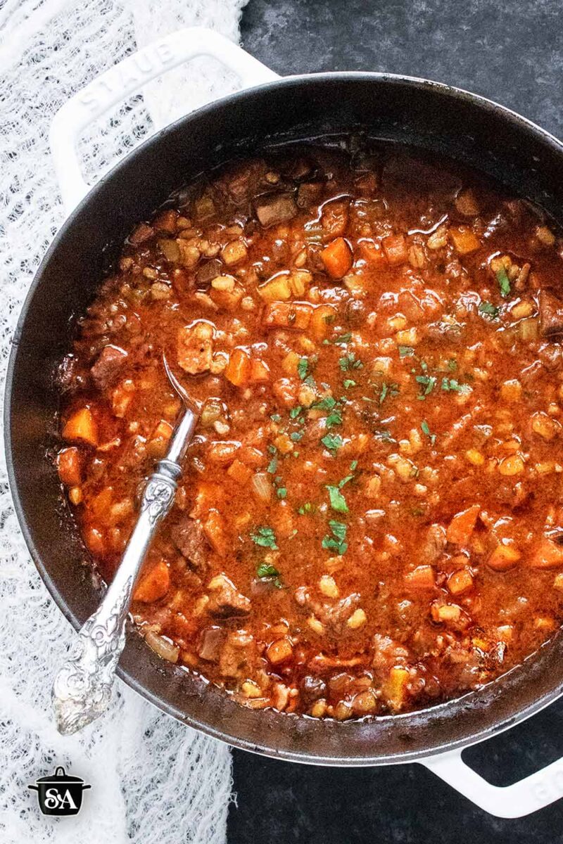 Pinterest pin image for Beef Barley Soup.