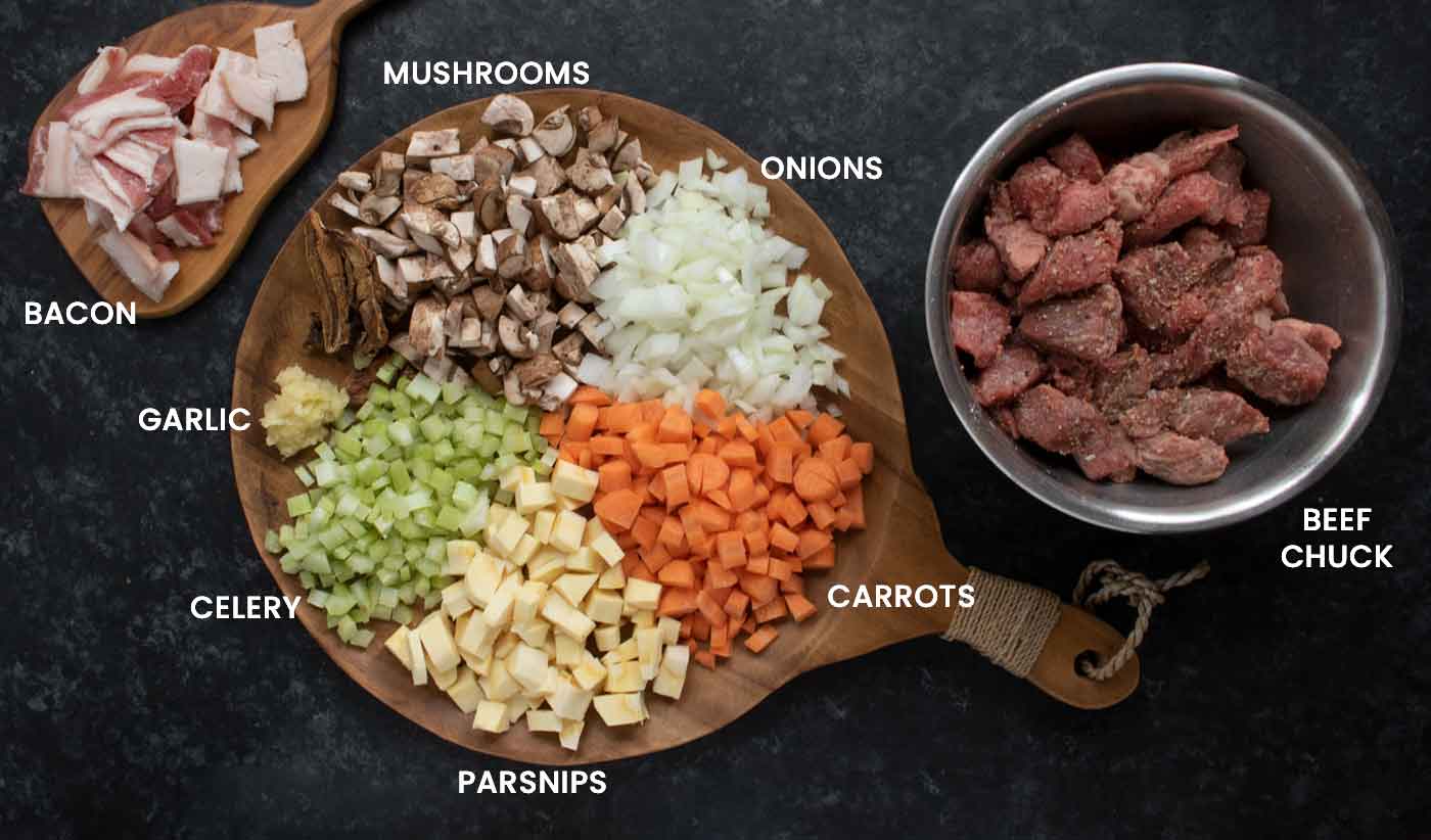 Overhead view of prepared soup ingredients.