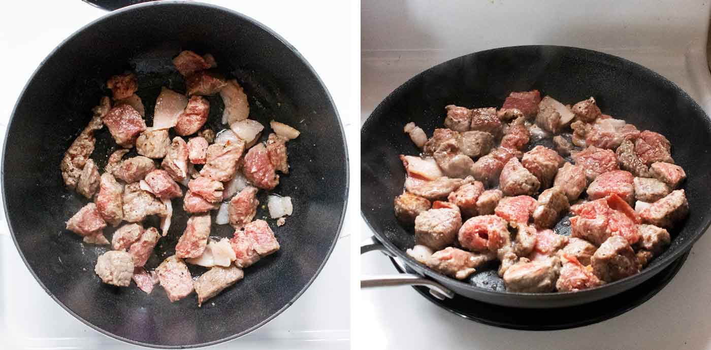 Photo duo showing browning the beef and bacon in batches in a pot and in a skileet.
