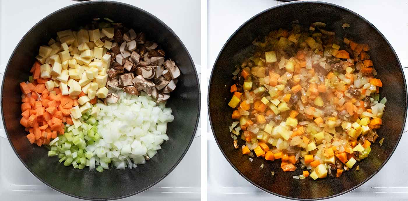 Photo duo showing the stages of the aromatic vegetables cooking.