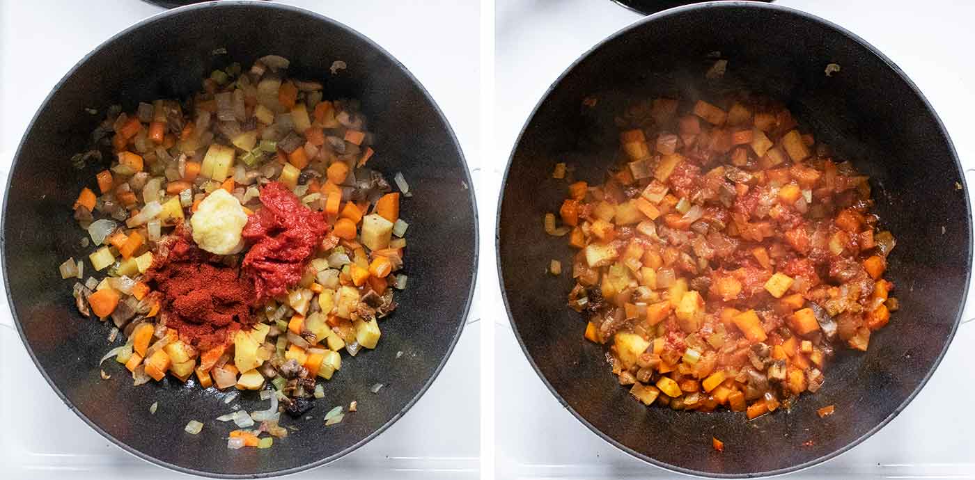 Photo duo showing adding the tomato paste and spices to the vegetable mix.