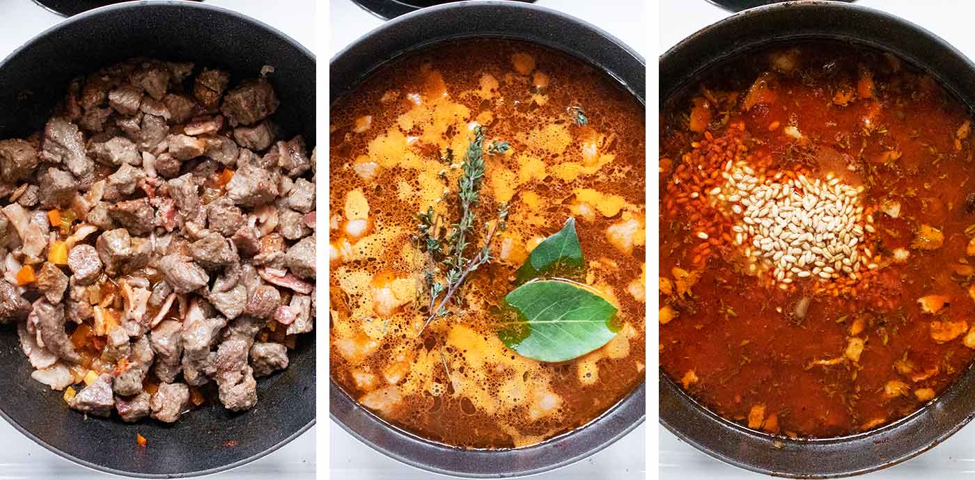 Photo trio showing adding the meat, broth, herbs, and barley to the pot to begin the soup prior to oven braising.