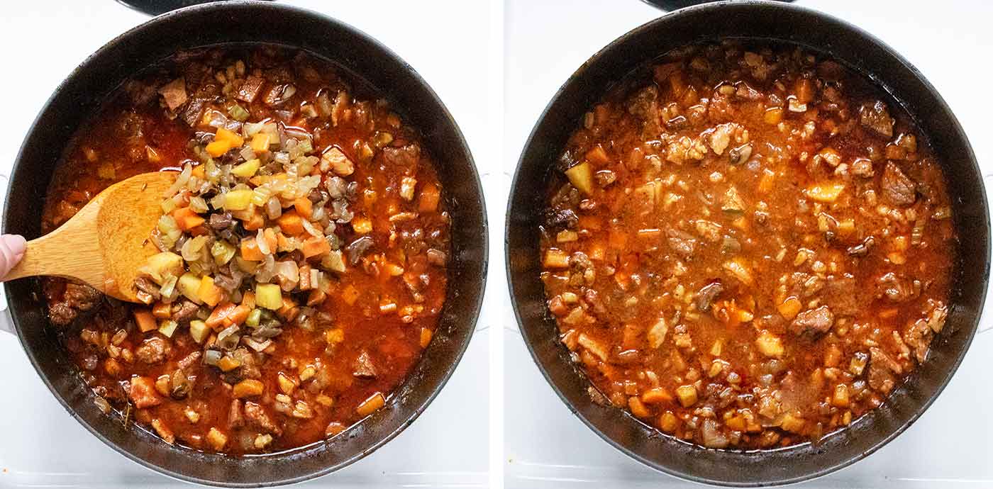 Photo duo showing the soup about halfway through cooking, and then ready to serve.