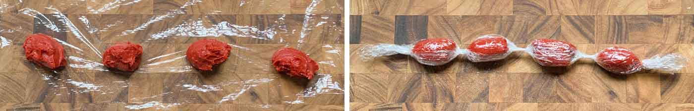 Photo duo showing how to freeze leftover tomato paste.