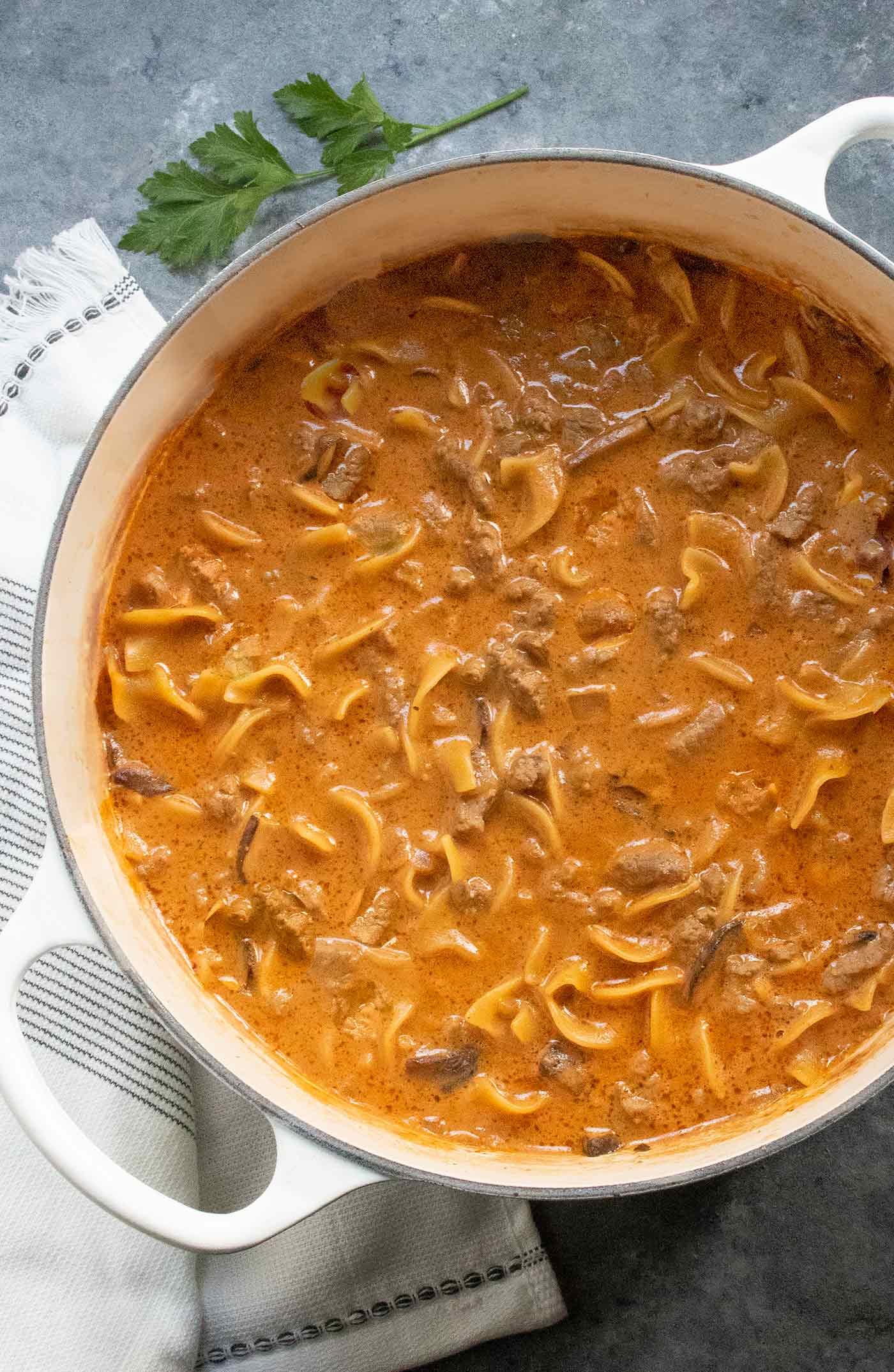Beef Stroganoff Soup in a white Dutch oven.