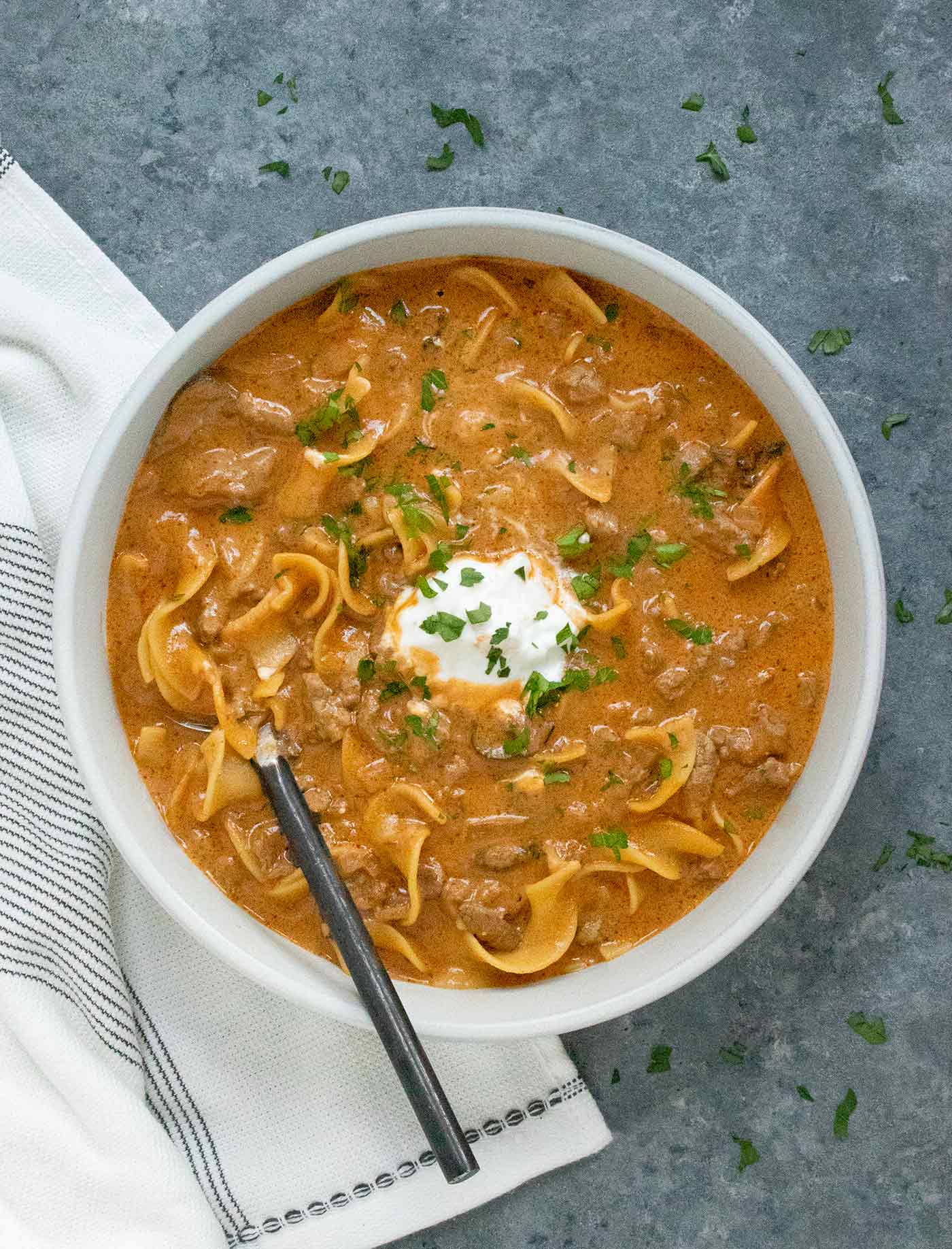 Overhead view of Beef Stroganoff Soup in a light gray bowl.