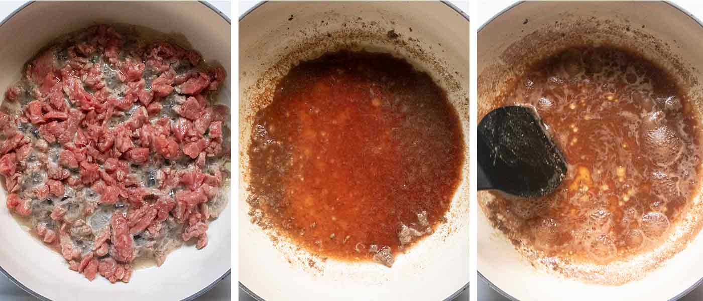 Sear the beef and deglaze the pan.