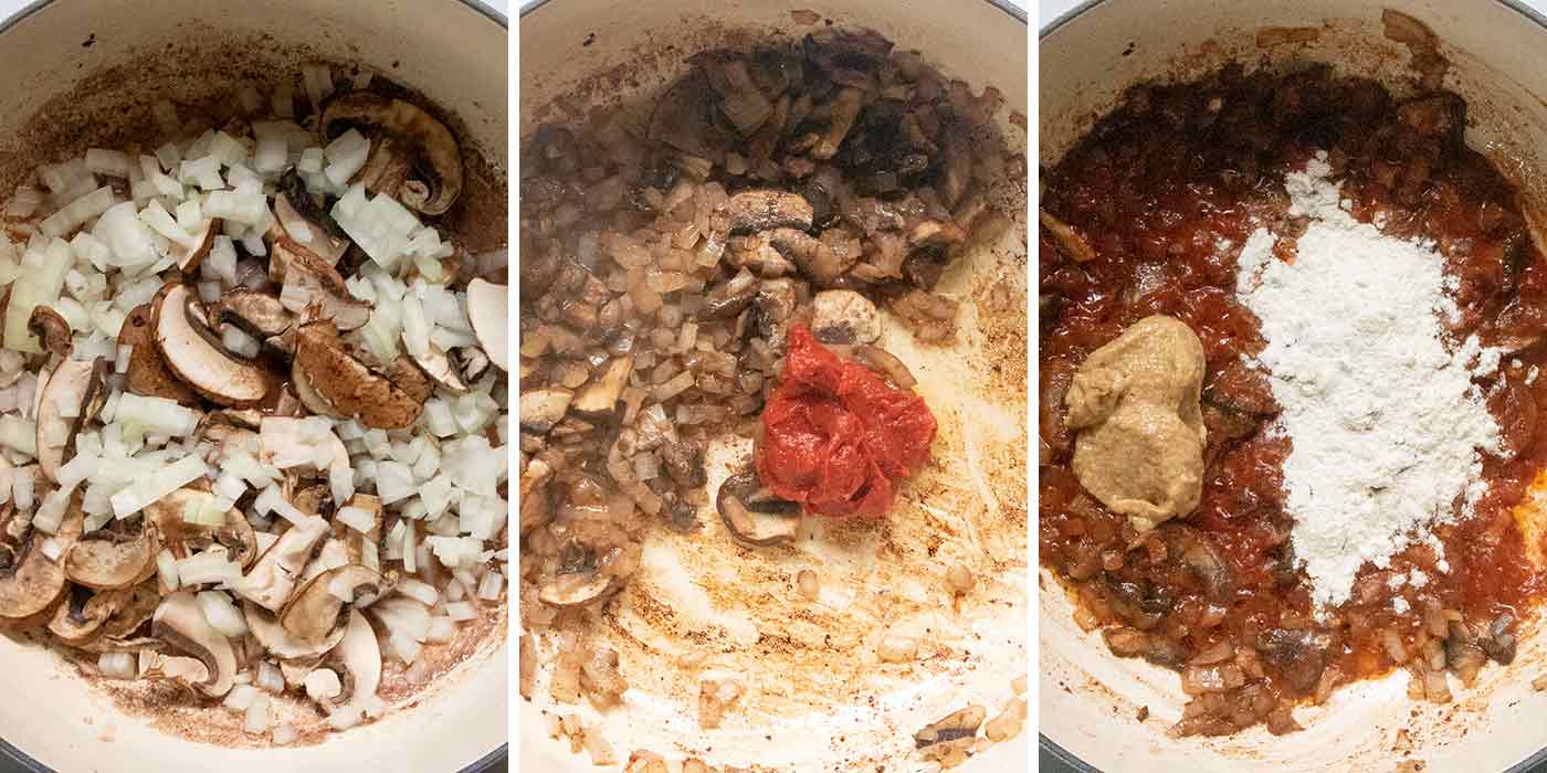 Saute the aromatics and stir in the tomato paste, mustard and flour