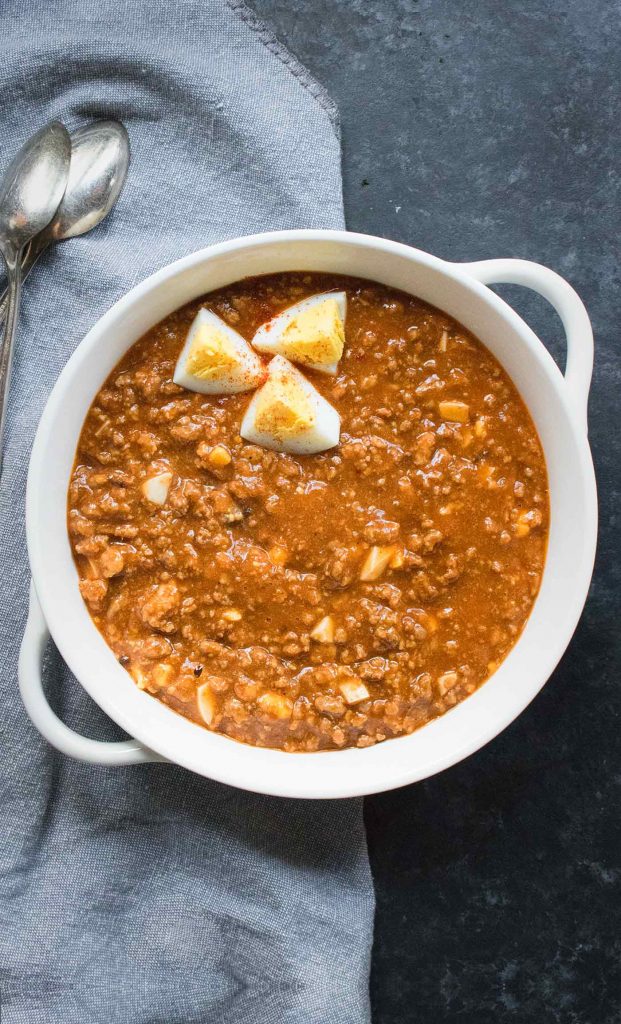 A white bowl of Mock Turtle Soup.