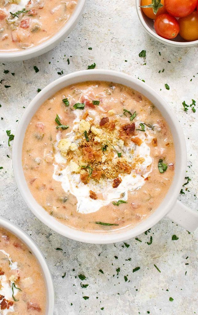 A light grey mug of BLT Soup.