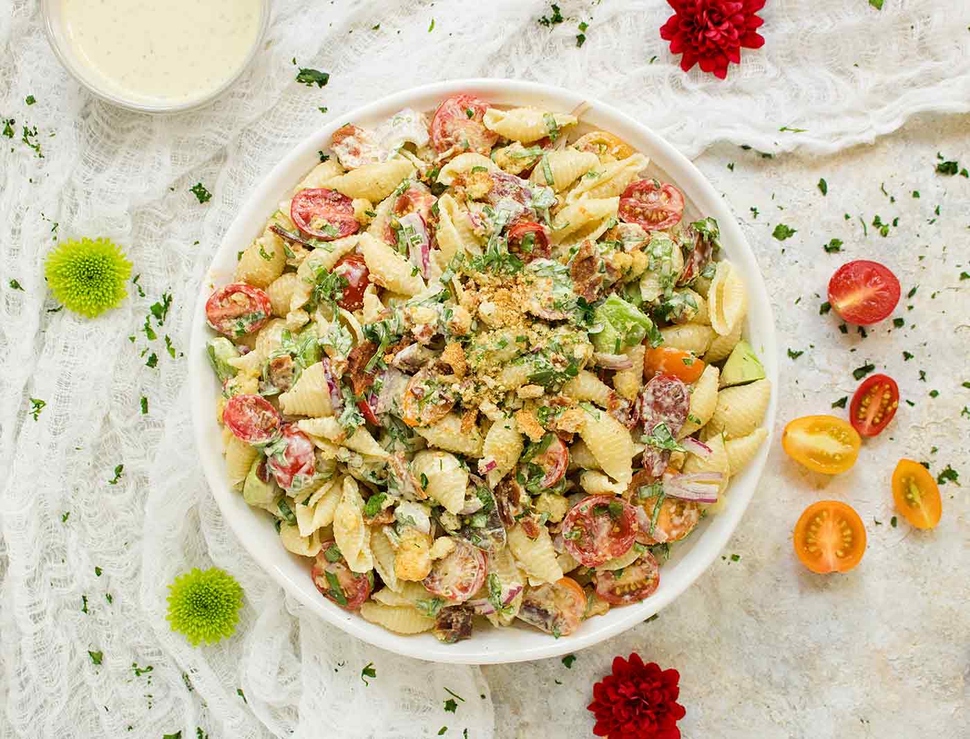 BLT Pasta Salad in a big white bowl
