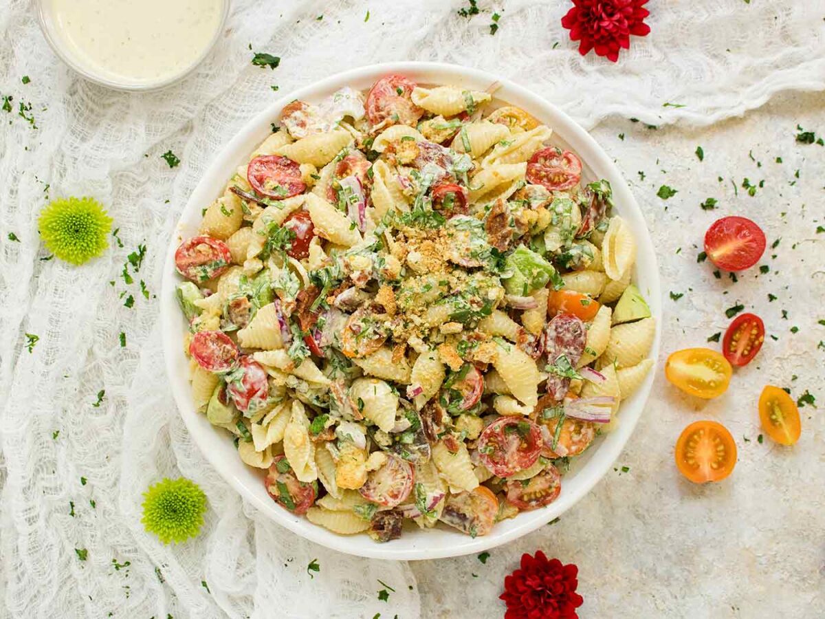 BLT Pasta Salad in a white serving bowl.