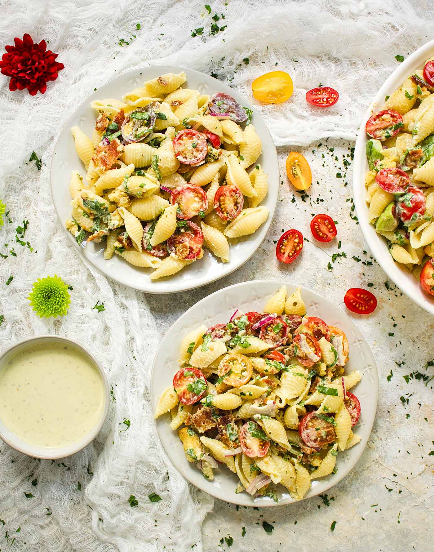Two plates of BLT Pasta salad
