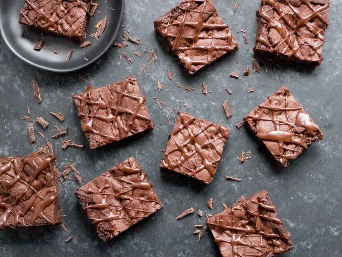 Mocha Vegan Brownies on a dark background.