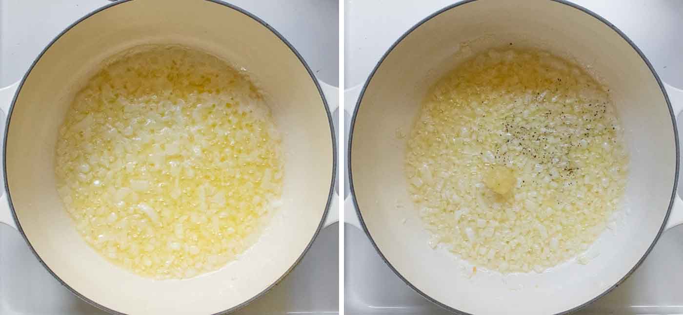 Photo duo of step one of making the soup: sauteing the butter and aromatics.