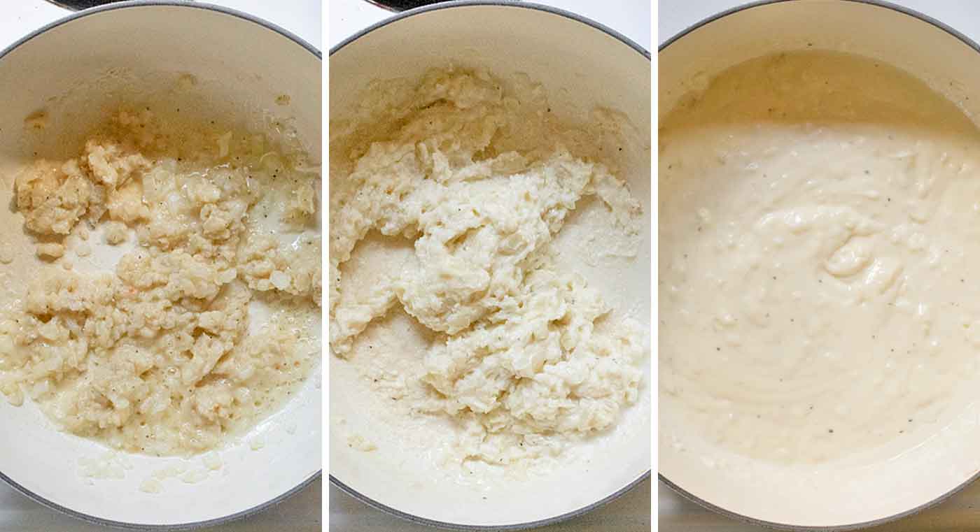Making the roux with butter, flour, milk, and the aromatics.