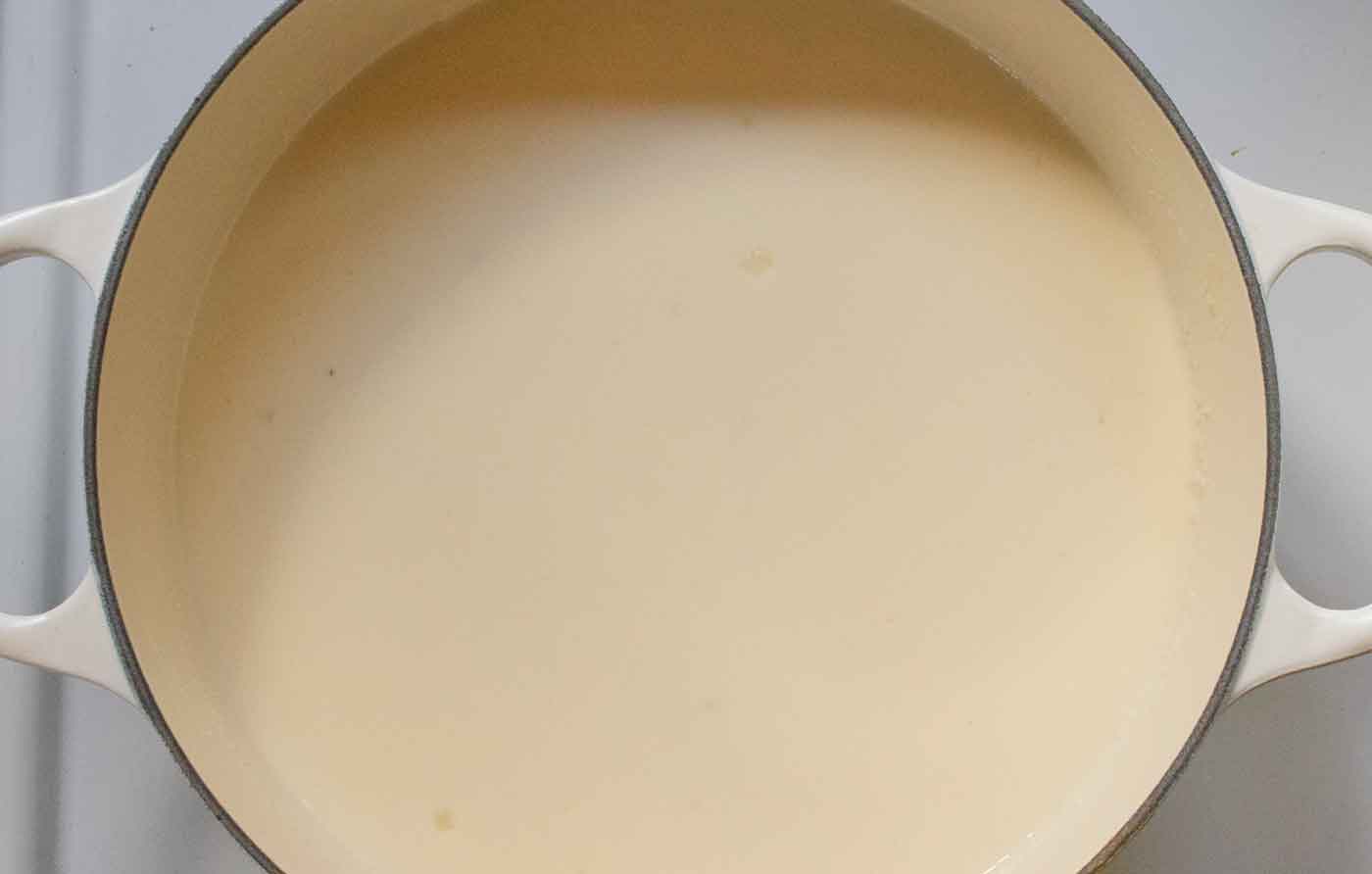The creamy-smooth soup broth, ready to take on the veggies.