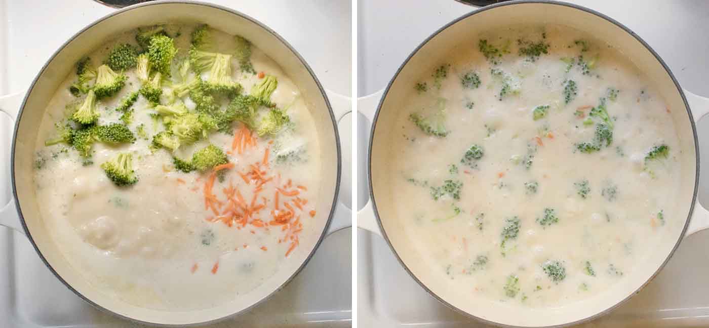A photo duo of the broccoli and carrots cooking in the creamy soup.