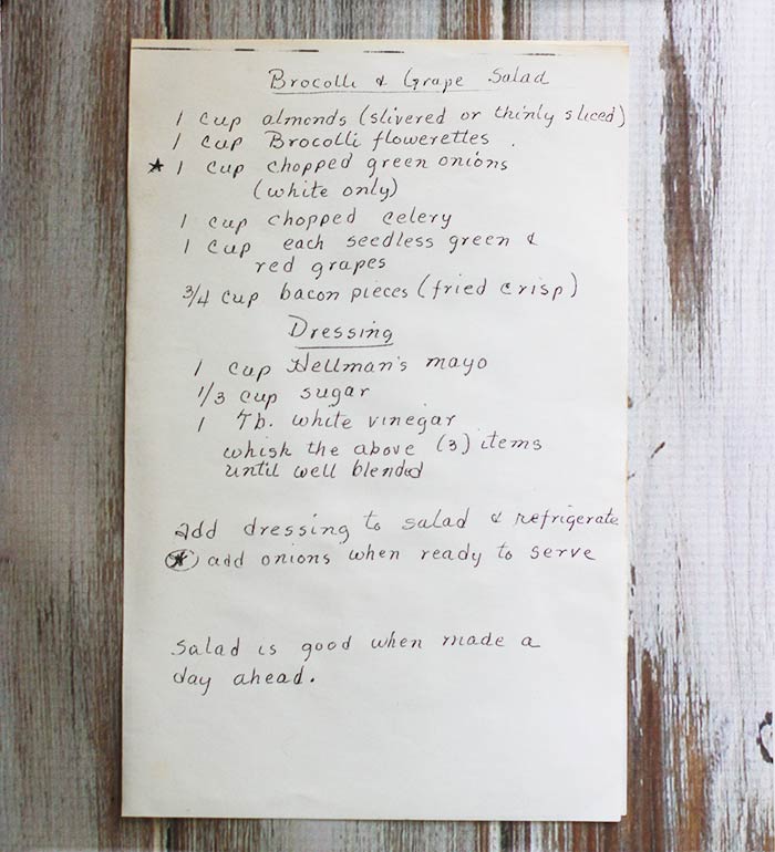 Photo of a handwritten recipe for broccoli grape salad