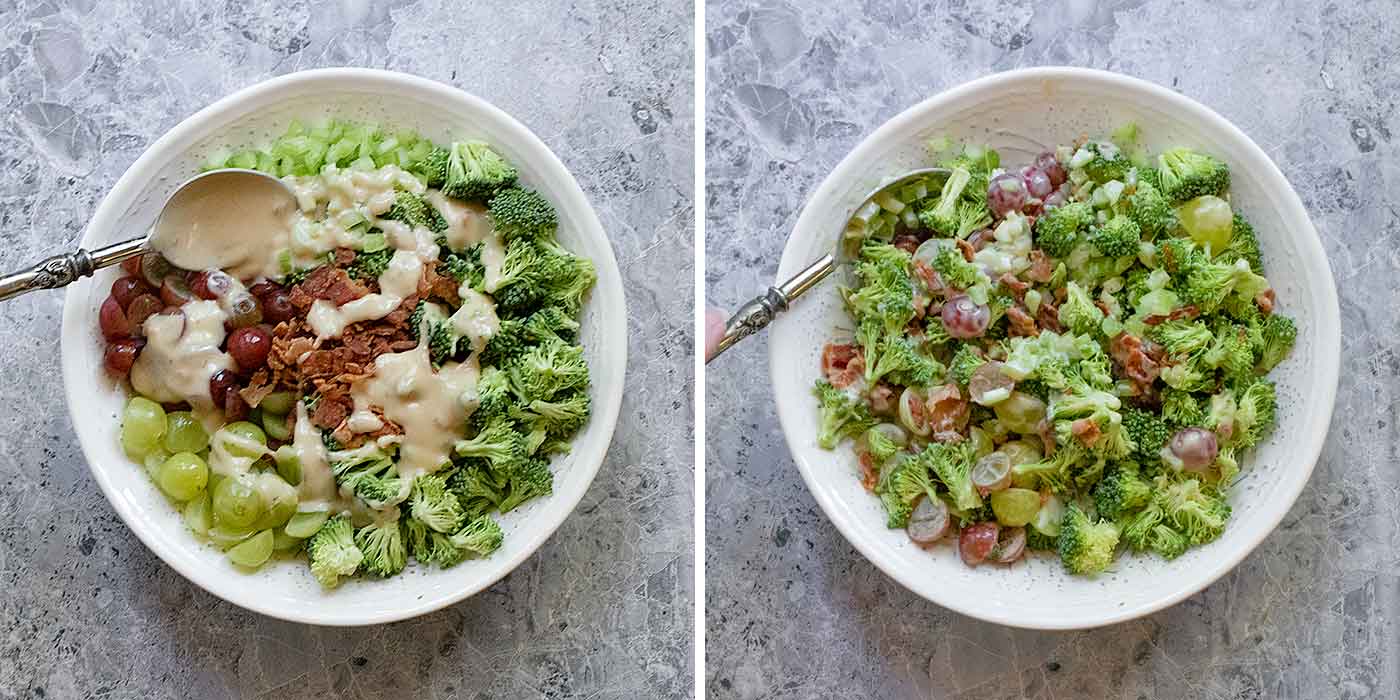 Combining the salad ingredients and the dressing.