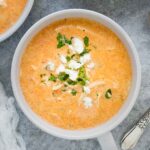 Overhead photo of a bowl of Buffalo Blue Cheese Chicken Soup.