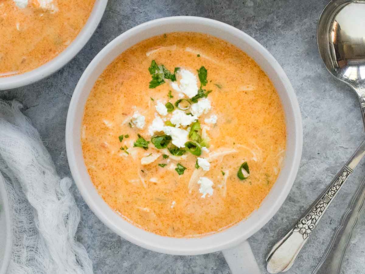 Overhead photo of a bowl of Buffalo Blue Cheese Chicken Soup.