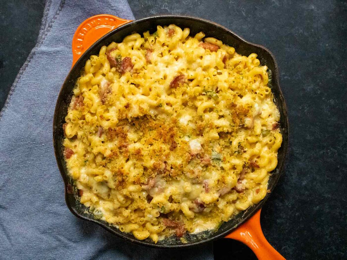 Overhead view of a skillet of Cajun Mac and Cheese.